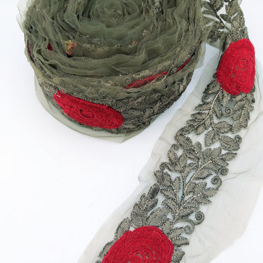 Grey Net Fabric Lace Trim with Floral Embroidery, Lace Trim, Sari Border
